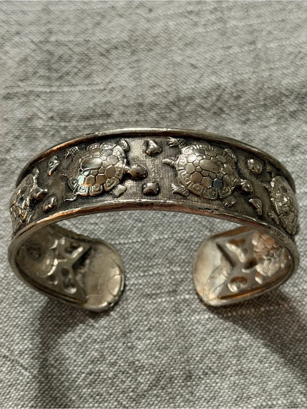 Vintage Sterling Silver Sea Turtles Engraved Cuff Bracelet